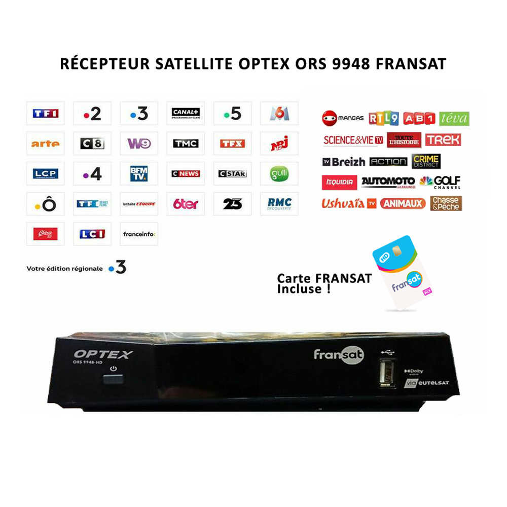 Rcepteur Satellite HD Optex ORS 9948 FRANSAT + Carte FRANSAT Valable 4 Ans